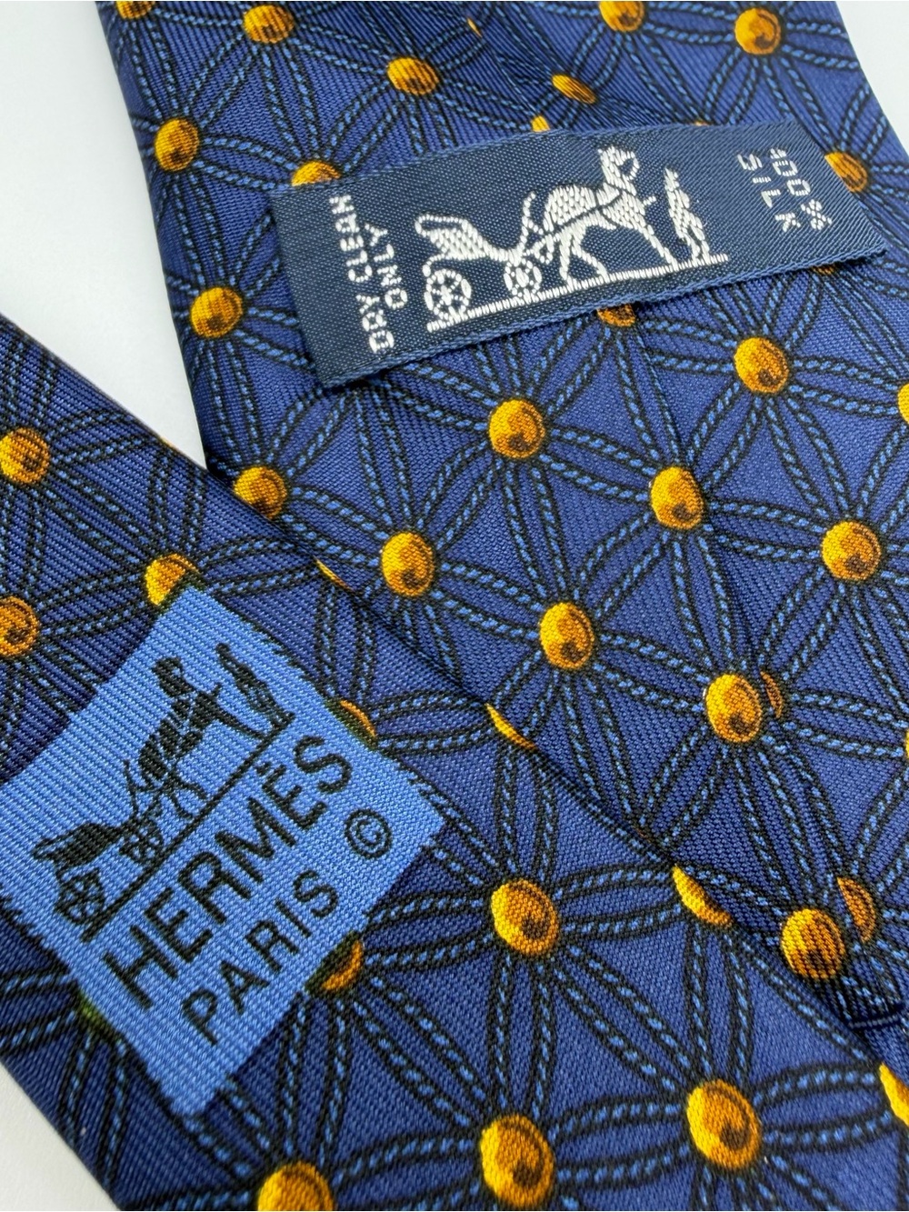 Hermes Blue Silk Tie with Gold Medallion Motif